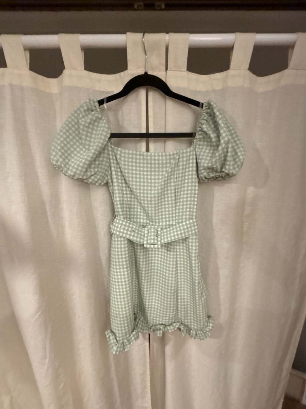 Altar'd State Sage Green Gingham Puff Sleeve Belted Mini Dress